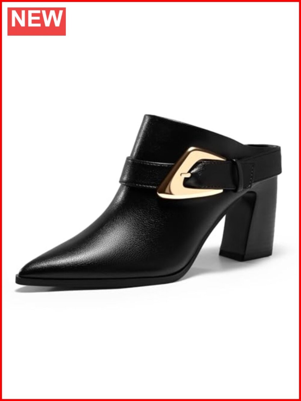 Coutgo Womens Mules Boots Chunky Stacked Heel Pointed Toe Slip On Buckle